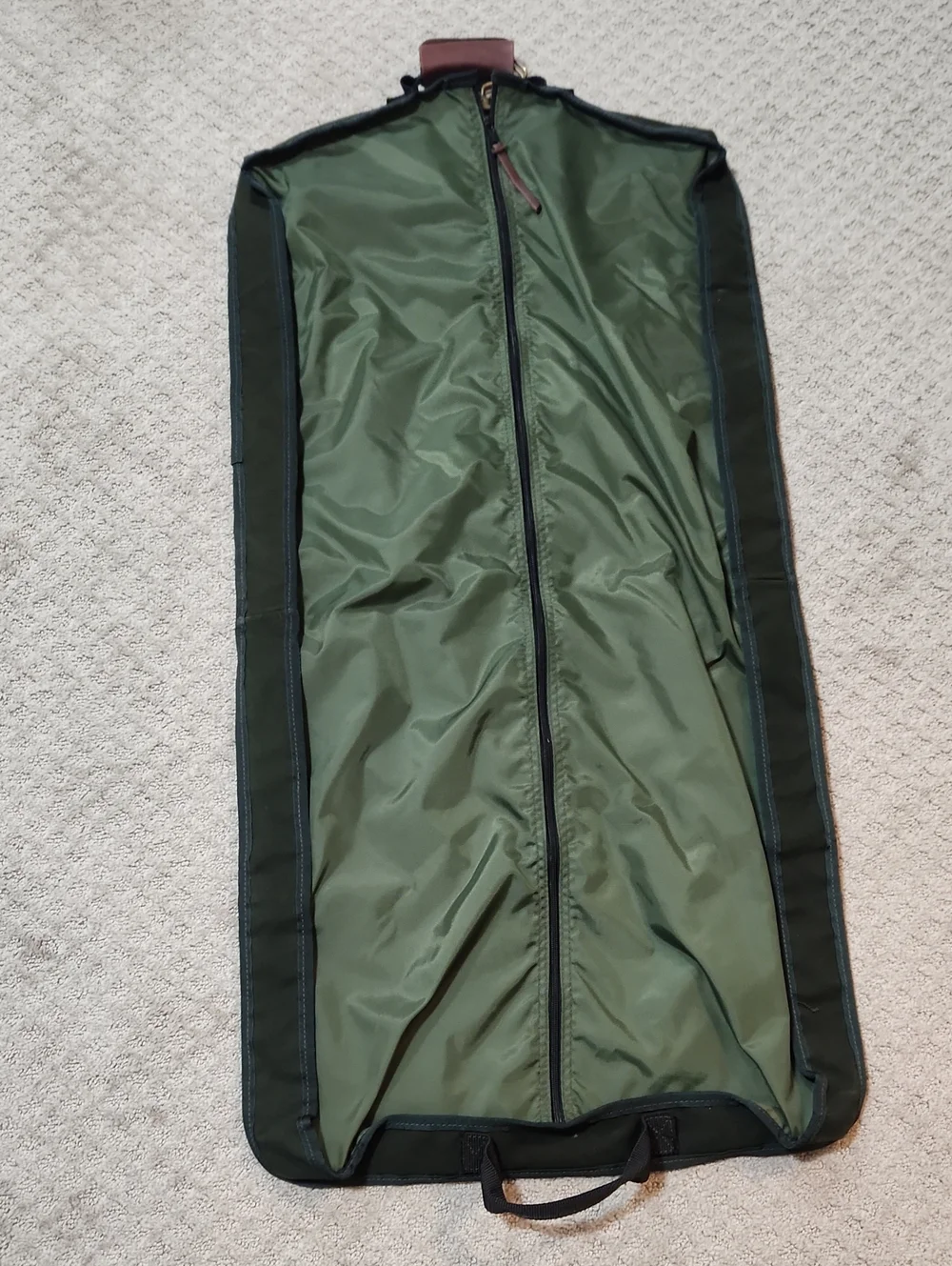 Orvis Dark Green Canvas Garment Bag with Brown Leather Accents
